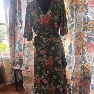 Bobeau Pink and Red Wrap Sundress V-Neck 3/4 Sleeve